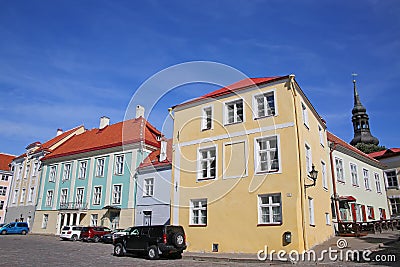 Beautiful colourful medieval buildings including the old post office & roof tops in the UNESCO city, Old Town, Tallinn, Estonia Stock Photo