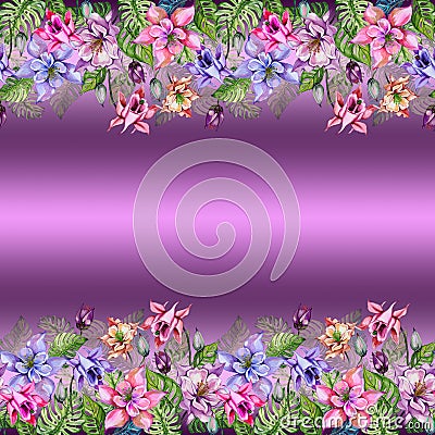 Beautiful columbine flowers or aquilegia and exotic monstera leaves on purple background. Cartoon Illustration