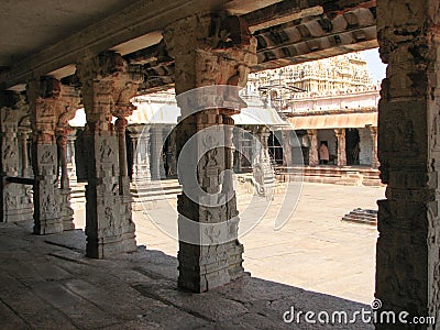 Beautiful columns architecture of ancient ruins of temple in Hampi Stock Photo