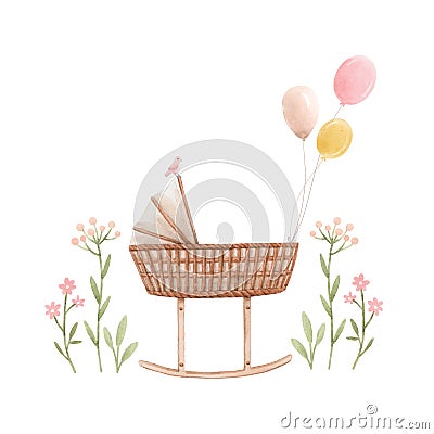 Beautiful composition with hand drawn watercolor baby cradle crib air baloons and flowers. Stock clip art illustration Cartoon Illustration