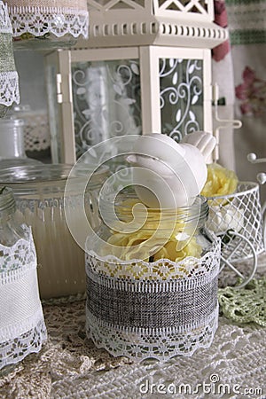 Beautiful composition with a jar and a bird Stock Photo