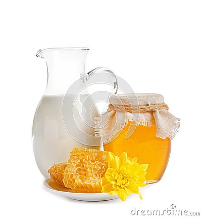 Beautiful composition with milk and honey Stock Photo