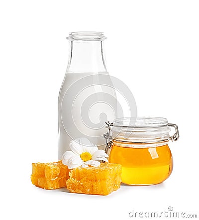 Beautiful composition with milk and honey Stock Photo