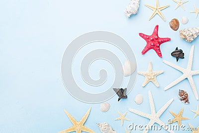 Beautiful composition from seashells and starfish. Summer holidays, travel and trip background. Top view. Stock Photo