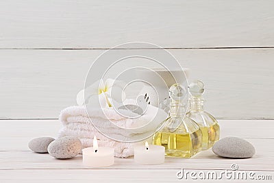 Beautiful composition of spa treatment on wooden background. Stock Photo