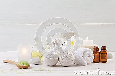 Beautiful composition of spa treatment on wooden background. Stock Photo