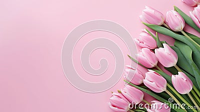 Beautiful composition spring flowers. Bouquet of pink tulips flowers on pastel pink background. Stock Photo