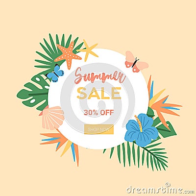 Beautiful composition for summer sale and discount promotion or advertisement decorated with exotic palm leaves Vector Illustration