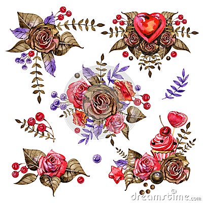 Beautiful compositions of chocolate roses, leaves, berries on a white isolated background. Watercolor hand-drawn Stock Photo
