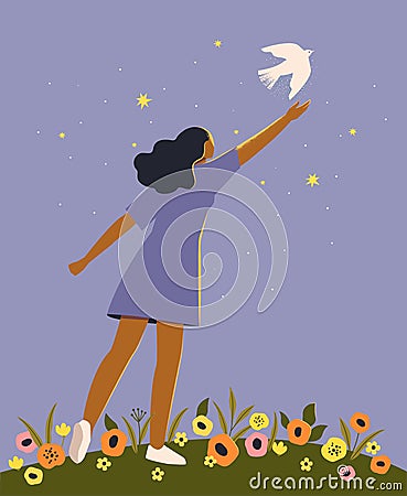 The Beautiful concept of a world without war and hope for a better bright future. Female doing first step in the future Vector Illustration