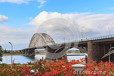 Beautiful construction of Waal bridge over river at Nijmegen Stock Photo