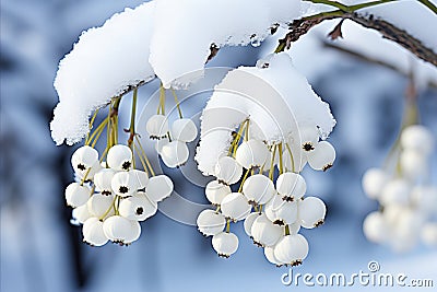 Beautiful Contrast of Delicate Blossoms Peeking Through a Blanket of Pure White Snow Stock Photo