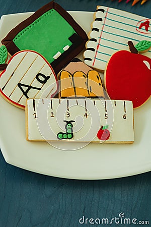 Beautiful cookies with shape of school material Stock Photo