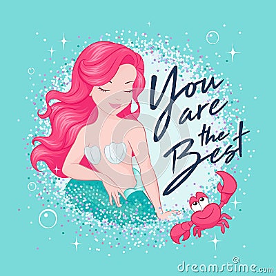 Beautiful coral hair mermaid on a trend, turquoise background. Cute Mermaid in glitter frame, for t shirts or kids fashion Vector Illustration