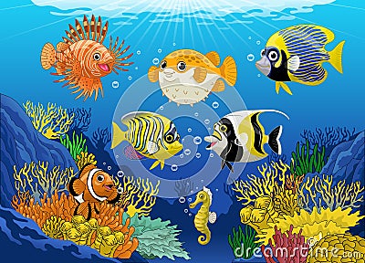 Beautiful Coral Ree with Cartoon Fishes Vector Illustration