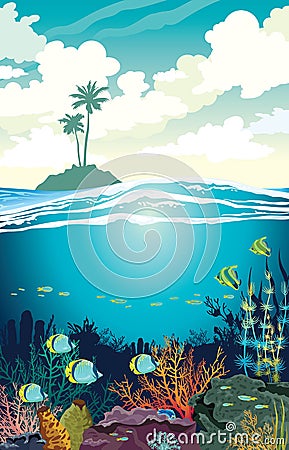 Beautiful coral reef with fishes and underwater creatures on a blue sea and silhouette of island with palm tree on a cloudy sky. Cartoon Illustration