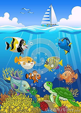 Beautiful Coral Reef Habitat with group of Fishes Vector Illustration