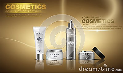 A beautiful cosmetic ads template, golden bottle design on a gold shiny background with splash bokeh and golden lighting flare e Stock Photo