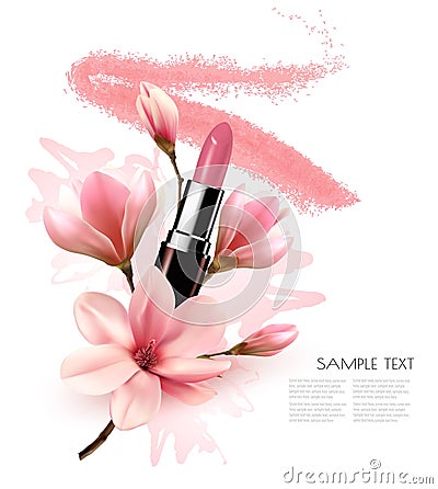 Beautiful cosmetic background with lipstick and flowers. Vector Illustration