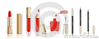 Beautiful cosmetic set in gold. lipstick, lip gloss, nail polish with smear and cosmetic eyeliner pelcil. Makeup Vector Illustration