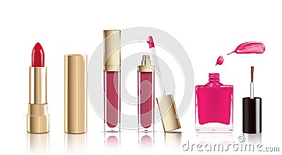 Beautiful cosmetic set in gold. lipstick, lip gloss and nail polish with smear. Makeup realistic cosmetic vector Vector Illustration