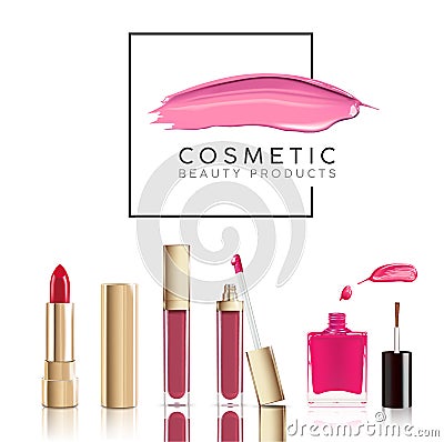 Beautiful cosmetic set in gold. lipstick, lip gloss and nail polish with smear. Makeup realistic cosmetic vector Vector Illustration