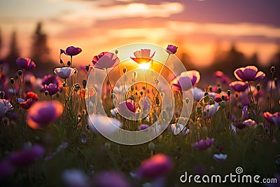 Beautiful cosmos flower in the field at sunset AI Generated Stock Photo