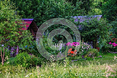 Beautiful cosy garden and old rural houses Stock Photo