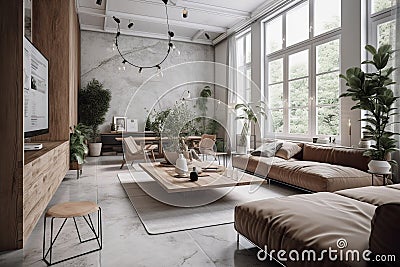 Beautiful cosy interior with lots of interior plants. Generative Ai Stock Photo