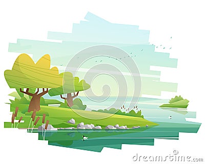 Beautiful countryside background with lake view landscape Vector Illustration