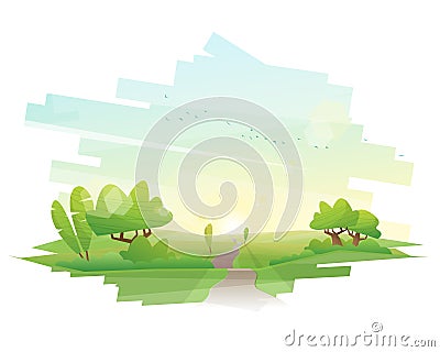 Beautiful countryside background with morning green field landscape Vector Illustration