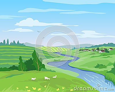 Beautiful countryside landscape in summer with green hills, fields, river and grazing goats Vector Illustration