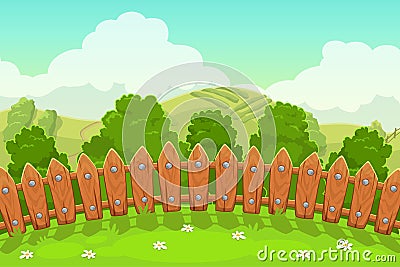 Beautiful countryside landscape with wooden fence, grass, trees, hills and cloudy sky. Vector Illustration