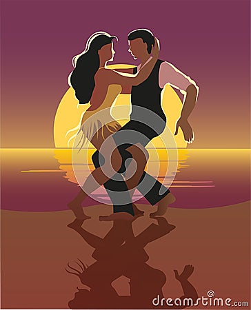 Beautiful couple dancing on the beach Latin salsa dance. Vector Illustration