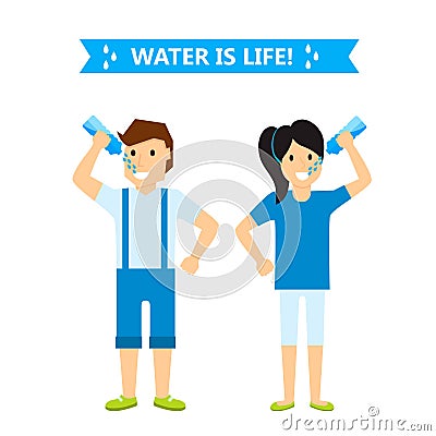 Beautiful couple girl and boy happiness childhood young cute person drink water woman and man vector illustration Vector Illustration