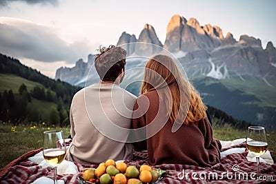Beautiful couple having a picnic in flowering alpine meadow and admiring a scenic view from a mountain top. Young man and young Stock Photo