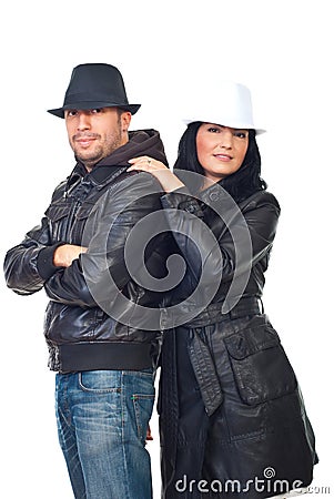Beautiful couple of models in leather jackets Stock Photo