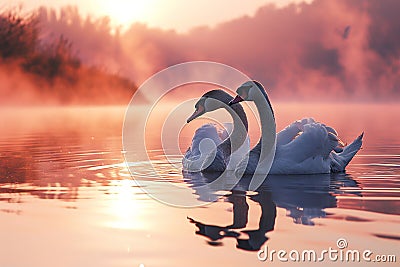 beautiful couple white swan birds swim in the lake at pink misty sunset Stock Photo