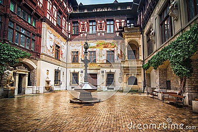 Beautiful courtyard of Peles Castle, Romania Stock Photo