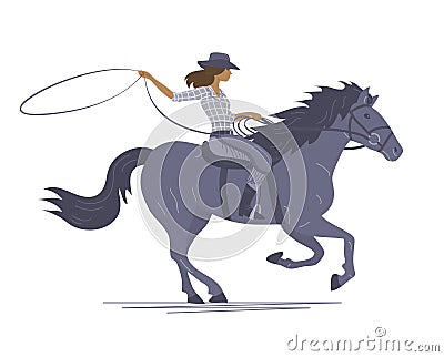 A cowboy girl rides a horse on white background Vector Illustration