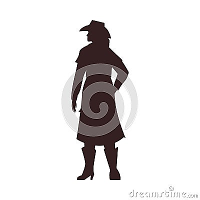 Beautiful cowgirl black silhouette, American western rodeo girl vector outline illustration, vintage wild west character Vector Illustration