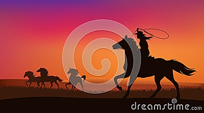 Cowgirl and mustang horses herd vector scene Vector Illustration