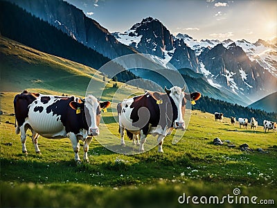 Beautiful Cows On A Beautiful Mountain, Lovely Cows Stock Photo