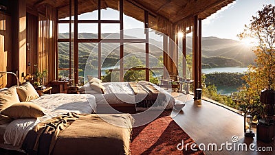 Beautiful cozy bedroom an eco house in nature, river windows idyllic luxury decoration Stock Photo