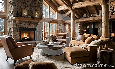 cozy chalet living room with a crackling fireplace Stock Photo