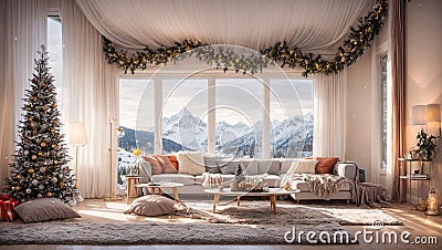 Beautiful cozy living room eco house in nature, winter windows scenery tree Stock Photo