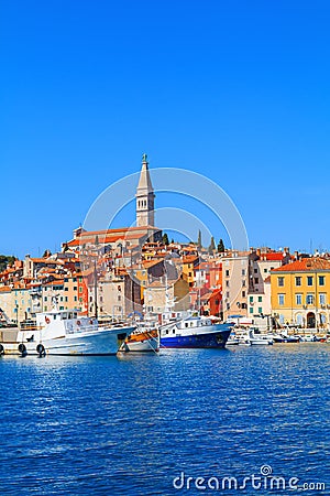 Beautiful and cozy medieval town of Rovinj, colorful with houses Stock Photo