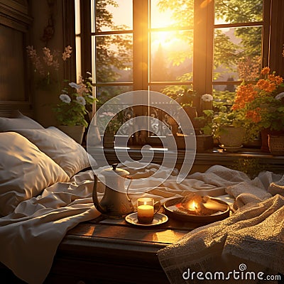 beautiful cozy room with yellow nature light generated by AI tool Stock Photo