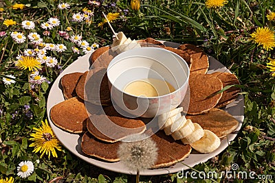 Beautiful cozy summer or spring picnic with pancakes, honey and banana Stock Photo