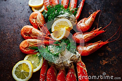 Beautiful crab claw with shrimp on a background of lemon and her Stock Photo